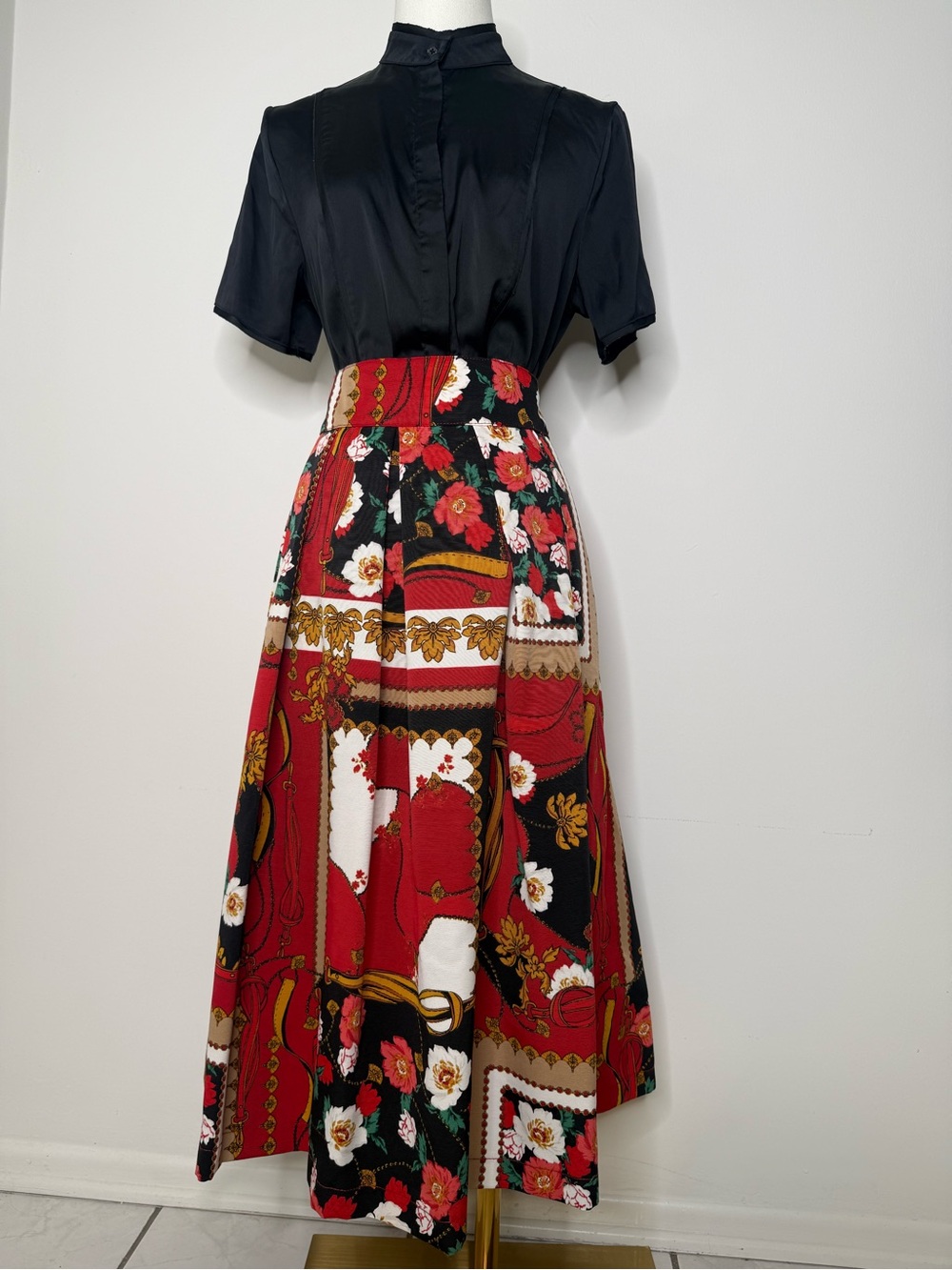 New York & Company Floral Patchwork Midi Skirt - Red/Black/White